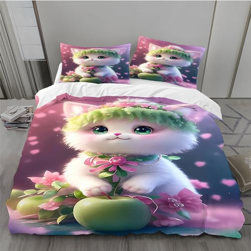 BAIL Housse de Couette 240 x 260 Chaton Vert Housse Couette Très Doux Parure de Lit Adulte en Microfibr 2 Taies d'oreiller 65 x 65 cm Convient pour Chambre