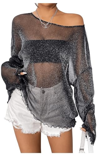 GORGLITTER Glitzer Oberteile Damen Festvial Outfit Netzoberteil Transparent Mesh Top Rave Langarmshirt Clubwear Partytop Schwarz L