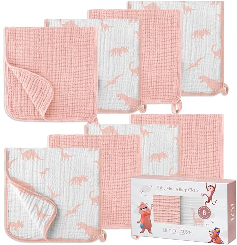 LILY O LAUREL Muslin Burp Cloths, 20x10- Pack of 8, 6 Layers Super Soft Absorbent & Breathable 100% Cotton for Baby Drool and Messes, Burp Cloth Baby Boy and Burp Cloths Baby Girl