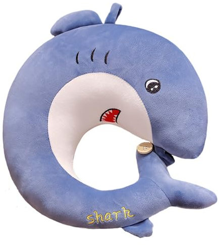Nackenkissen Kinder, Cartoon Tier Reisekissen Nackenstütze, 30 x 30cm Hai Nackenhörnchen Erwachsene Niedlich Kinder Reisekissen U-förmiges Nackenkissen Flugzeug für Reisen (Blau)