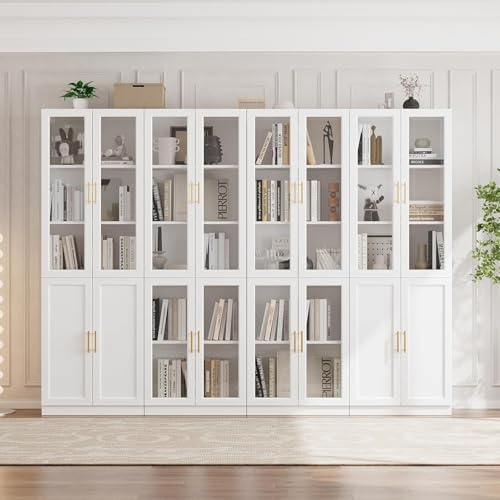 VOWNER 5-Tier Bookcase Glass Doors Drawers Adjustable Shelf ACCA | Modern storage display cabinet set for home office and living room, ideal for organizing books, decor and essentials.