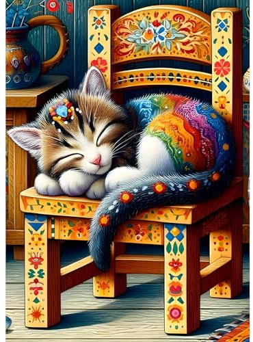 DPHERO DIY Schlafende Katze Diamant Painting Bilder für Erwachsene Anfänger,5D Weinlese Diamond Painting Set,DIY Stuhl Runde Steine Diamant Kunst Kits, Diamant Painting für Zuhause Dekor 30x40 cm