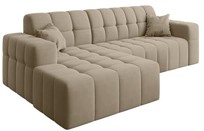 Kaiser Möbel - Ecksofa mit Wohnlandschaft, Eckcouch L Form, Polstersofa, Bequemes Couch mit Ottomane für Wohnzimmer, Relaxsofa, Veloursstoff, Zierkissen, Lounge-Set L-Form, Nimes L, Beige, Links