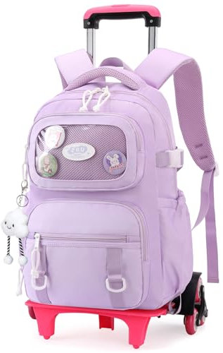 Tanou Rucksack mit Rollen für Mädchen Abnehmbar Schulranzen Trolley Wasserdichter Nylon Mädchen Schulrucksack für Kinder und Teenager mit 6 Räder, Lila