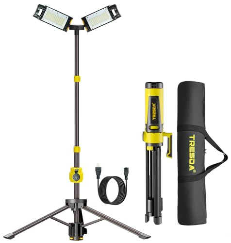 Tresda Dual-Head LED Work Light with Stand, 2025 Pro+ 12000LM Corded or Battery Rechargeable Telescopic Tripod Worklights, Portable Construction Flood Light for Job Site Workshop Garage ﻿