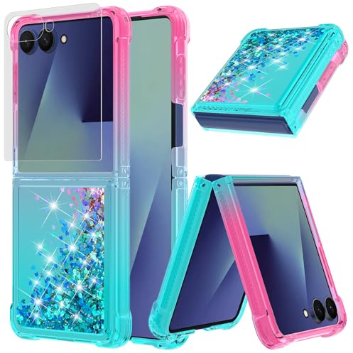 Funda Carcasa para Samsung Galaxy Z Flip 7 Glitter, 1 Vidrio Templado Protector de Pantalla,Transparente de Silicona Brillante Carcasa TPU Flexible, Parachoques con Esquinas reforzadas,Rosa/Verde