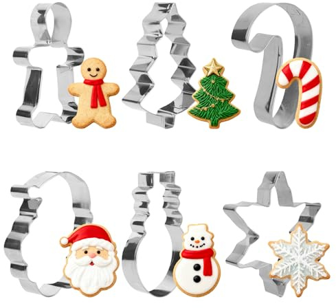 Penitue 6pcs Christmas Cookie Cutters, Stainless Steel Metal Holiday Cookie Molds Moulds Christmas Tree Candy Cane Santa Face Snow Man Snowflake Shape Gingerbread Man Biscuit Cutters for Baking Kids