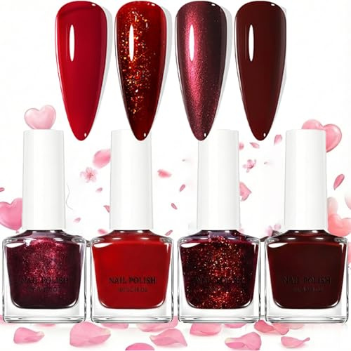 Red Nail Polish Set,4PCS Burgundy Nail Varnish Dark Red Glitter Quick Dry,Long Lasting High Glossy & Fast Drying Nail Art Polish,No UV,Easy Use