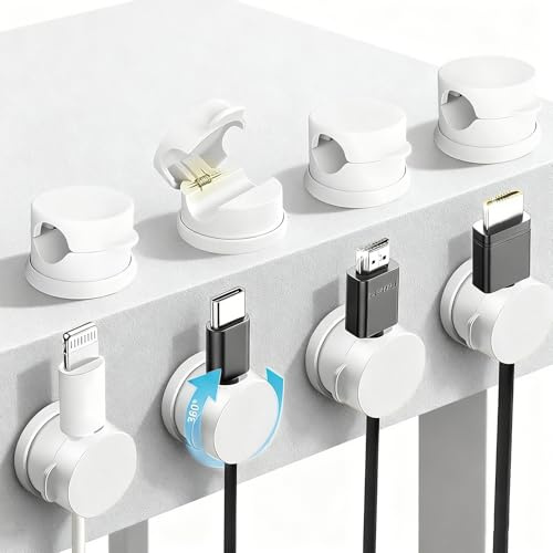 Cyberwork 8 piezas Organizador cables magnético, sujeta cables adhesivo giratorio 360°, cable management escritorio universal para USB, HDMI, audio, coche, hogar, oficina – Blanco