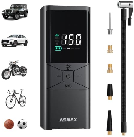 ASMAX T40 Elektrische Luftpumpe 6000mAh, Akku-Kompressor 150 PSI/10,3 Bar | 25L/min Schnellaufpumpen, LED-Licht, Digitaler Reifendruckmesser, Tragbare Fahrradpumpe für Auto, Motorrad, Fahrrad und Bälle