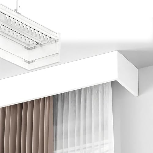 Three-in-One Aluminium Curtain Pelmet Box with Double Tracks 3.3-26.2 Ft Decorative Panel Ceiling Mounting Cornice Board Wall Mount, Silent Curtains Rail for Window Treatment(White,13.5ft)