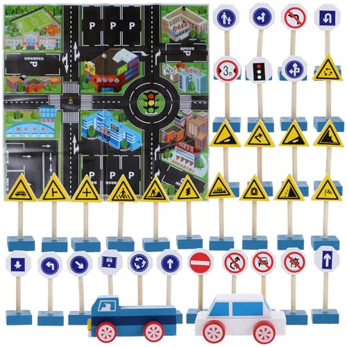 Veemoon Jeu Éducatif de Panneaux de Signalisation en Bois 33 Pièces 2 Petites Voitures et 1 Carte, Blocs de Construction pour Sensibilisation Sécurité Routière Garçon et Filles, Panneau