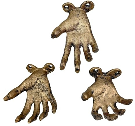 Zeckos Set of 3 Cast Iron Creepy Hand Wall Hooks, Antique Gold Distressed Finish Gothic Wall Mounted Decor, 2.25 x 3.25 x 4 Inch Jewelry Holders for Entryway, Bedroom, Bathroom or Covered Patio