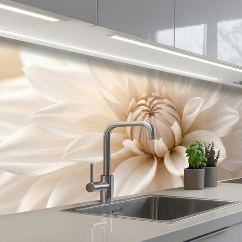 KitchenYeah© Splashback for kitchen 32x79 / 80x200 cm self-adhesive Wall Protector Splash Back Cooker Backsplash Flower - Dahlia - White