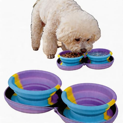 Ciotola pieghevole a doppio scomparto per cani in silicone – Ciotola da viaggio 2 in 1 (con contenitore), per cibo e acqua – Design antiscivolo ed estensibile, adatta a tutte le razze canine