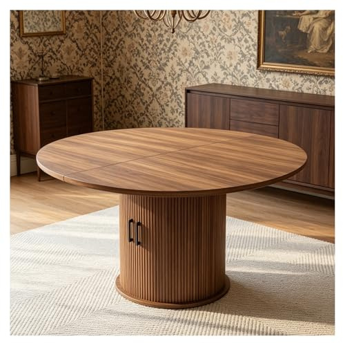 BYCCZMGAD Mesa de comedor extensible redonda de 4 a 6 plazas, efecto madera, mesa de cocina de pedestal con almacenamiento oculto para uso doméstico, nogal
