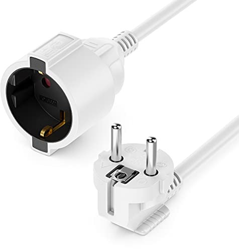 deleyCON 15m Verlängerungskabel Stromkabel Netzkabel Verlängerung Schutzkontakt Stecker Typ F (CEE 7/7) 90° Gewinkelt auf Buchse (CEE 7/3) Berührungsschutz TV PC Computer Beamer - Weiß