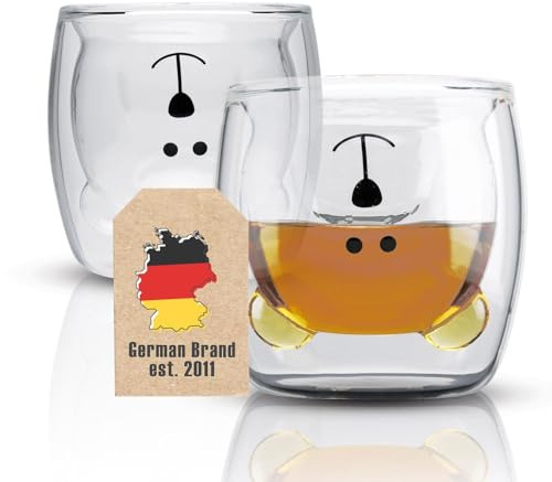 INTIRILIFE 2X Doppelwandiges Thermo Glas Set in 230 ml im Bären Design - Mundgeblasen isoliert für Latte Macchiato, als Teeglas oder Kaffeeglas ohne Henkel