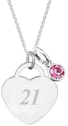 Milestone Birthday Heart Necklace with Birthstone | Sterling Silver Adjustable Chain | Stainless Steel Heart Pendant | Engraved 18th, 21st, 30th, 40th, 50th, 60th, 65th Birthday Gift for Her