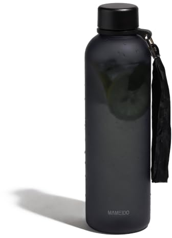 MAMEIDO dricksflaska 1 l, kolsyra lämplig, läckagesäker dricksflaska med tidsmarkör som drickspåminnelse, vattenflaska BPA-fri för sport (Rich Black)
