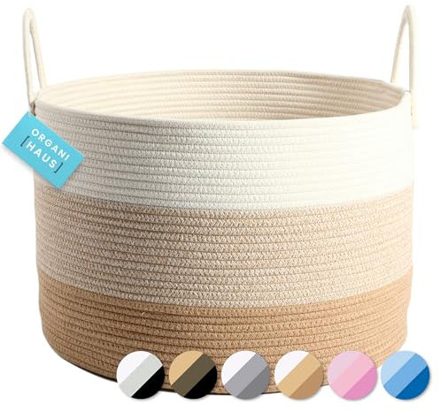 OrganiHaus Korb Geflochten Rund, Wäschekorb Geflochten, Korb Aufbewahrung Groß, Aufbewahrungskorb Kinderzimmer, Aufbewahrungskorb für Decken Kissen Spielzeug, Faltbar mit Griff - 50x33cm, Honig