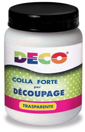 COLLA FORTE all'acqua per DECOUPAGE DECO Barattolo con tappo 250ml specifica per lavori di decoupage con carta, tovaglioli, fotografie. Trasparente ed atossica per hobbistica e modellismo cod. 04821