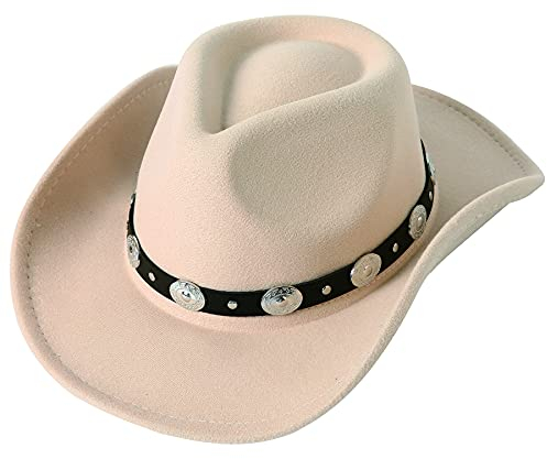 Lanzom, weitkrempiger Western-Cowboyhut mit Gürtel-Schnalle, Filz, Panama-Hut, für Damen und Herren, Beige, M-L