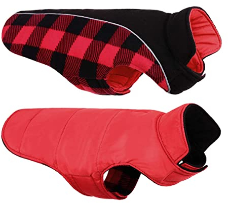 CITÉTOILE Warme Hundemantel Winter, Hundemantel mit Bauchschutz, Wintermantel für Hunde mit Reflektierend, Wendbarer Hundejacke Hundekleidung mit Geschirrloch, Rot, S