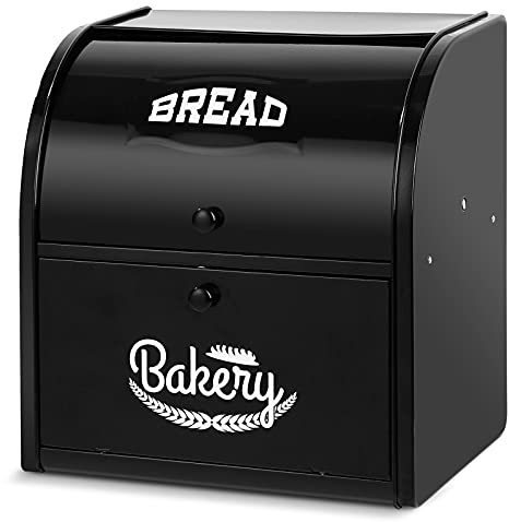 Hossejoy Metal Double Compartment Bread Box Roll Top Bread Box Kitchen Food Storage Bin, Counter-top Bread Keeper Double Layer Bread Storage (Black) - No Installation Required