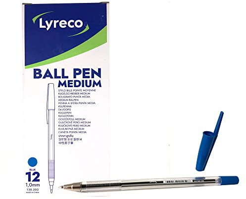 Lyreco Kugelschreiber, blaue Tinte, Box mit 12 Einweg-Kugelschreibern, ideal für Büro oder Schule, ergonomischer Kugelschreiber, Edelstahlspitze, 0,7 mm