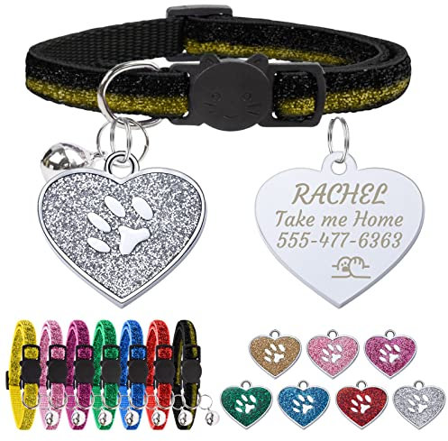 CAMAL Katzenhalsband mit Herzform Hundemarke Personalisiert, Katzenhalsband mit Namen und Telefonnummer, Katzenhalsband mit Glöckchen und Sicherheitsverschluss für Katzen und Welpen (Schwarz)