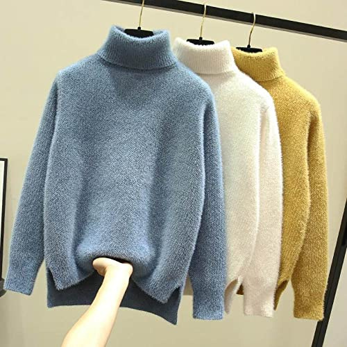 Damen Rollkragenpullover,Mohair Solid Pullover Pullover, Super Weiche Warme Plüschpullover, Lockere Elegante Dicke Lange Ärmel Tops, Blau, M