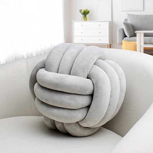 KOGITI Soft Knot Ball Pillows,Round Throw Pillow Cushion Home Decoration,Knotted Pillow Handmade Round Plush Pillow (13.8 Inch, Gray)
