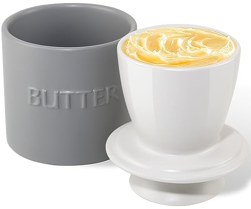 QIAMO Butter Crock with Lid, Ceramic French Butter Dish for Enjoying Fresh and Spreadable Butter, Minimal Gray Design Suitable for Home