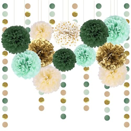 SNOWZAN Seidenpapier Pompons Hochzeitsdeko Vintage Party Dekoration Fächer Bunt Grün Weiß Gold Und Dots Girlande Gartenparty