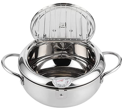 Frittiertopf Im Japanischen Stil, Kleine Fritteuse mit Thermometer und Deckel, Brattopf aus Edelstahl, Kompatibel mit Induktionsherd (Kleine Größe 20 cm)