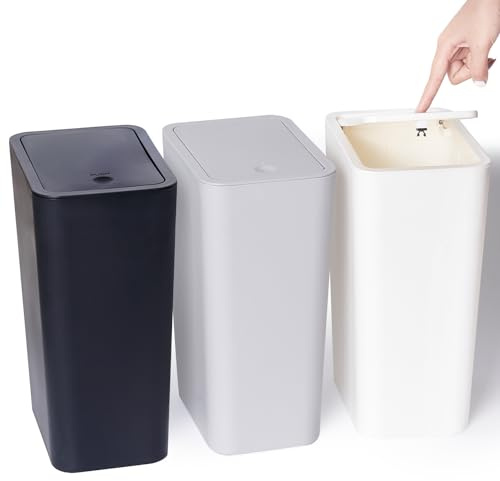 Vividron Lot de 3 petites poubelles de 10 l avec couvercle, couvercle à pression, petite poubelle pour salle de bain, cuisine, bureau, chambre à coucher (noir, blanc, gris)