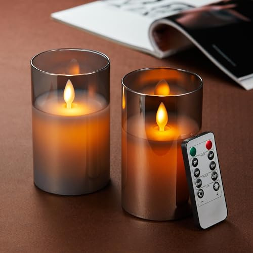 LED Kerzen【2 Stück】, Flammenlose Kerzen Flackern, LED Kerzen Flackernde Flamme mit Glas, LED Kerzen mit Fernbedienung, Echtwachssäule Kerzen, Batteriebetriebene Kerzen mit 24 Stunden Timer(10cm-Grau)