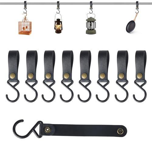 Jasminum 8 Stück Leder-S-Haken,S Haken Mit LederschlaufeSchwarz,S-Förmiger Multifunktions-Lederhaken,Hergestellt Aus Leder und Metall, Geeignet für Camping, Grillen, Wäschetrocknen, Bad und Küche