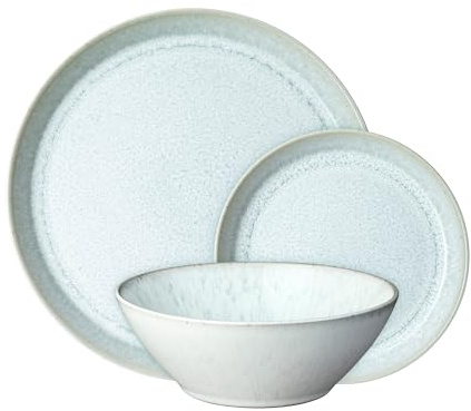 Denby - Kiln Green Dinner Set for 4-12 Piece Tableware Set, Tranquil Green Glaze Colour - Dishwasher & Microwave Safe Stoneware Crockery Dinnerware - 4 x Dinner Plates, Medium Plates & Cereal Bowls