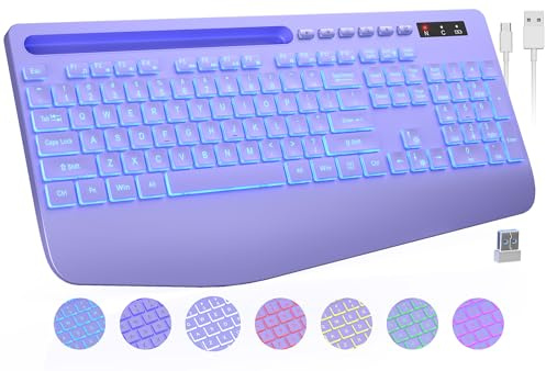 Wireless Keyboard with 7 Colored Backlits, Wrist Rest, Phone Holder, Rechargeable Ergonomic Computer Keyboard with Silent Keys, Full Size Lighted Keyboard for Windows, MacBook, PC, Laptop (Purple)