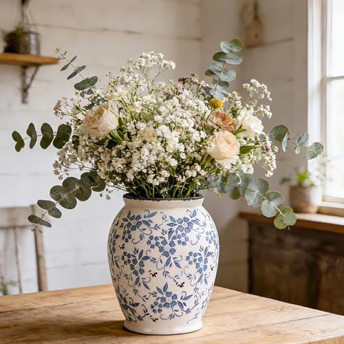 orenm Vase Keramik Blau Weiß – Deko Vase Vintage, Porzellan Große Vase für Wohnzimmer Tischdeko,Esstisch & Fensterbank 23.5cm Höhe