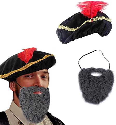 CHENNAN Mittelalterlicher Hut mit Bart Renaissance-Baskenmütze (Schwarz)