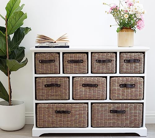 Tetbury Basket Storage Unit W105cm, H80cm, D40cm | Large White Hallway Chest of Drawers, 9 Brown or Grey Wipe-Clean Baskets in 3 Sizes, Leather Handles | Assembled Furniture (brown shade baskets)