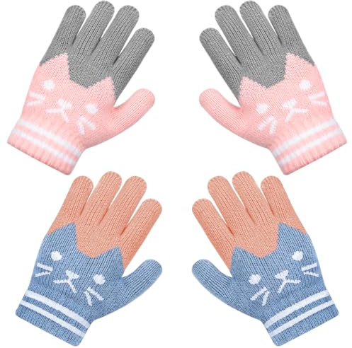 Becellen 2 Paires Tricotés Gants Enfant, Doigts Complets Hiver Thermique Gants Adorable Magiques Gants pour Fille Garçons