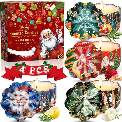 JEDWKFA Duftkerzen Geschenkset, 4 Stück Weihnachtskerze, Duftkerzen Weihnachten, Weihnachtskerzen Kerzen Weihnachtsmotive, Natürliches Sojawachs, Duftkerze für Weihnachten,Geburtstag