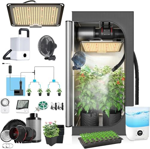 Growbox Komplettset,LED Vollspektrum Pflanzenlampe+Grow Tent+Inline-Lüfter Kohlekohlefilter Belüftungs+Oszillierend Ventilator+Humidifier (80X80X160CM Growbox Komplettset)