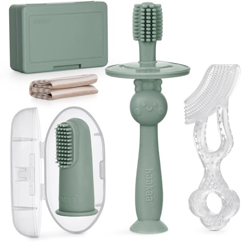 haakaa Training Toothbrush Set Oral Care Kit, Soft Silicone Toothbrush for Baby, Infants, Toddlers & Kids, Pea Green