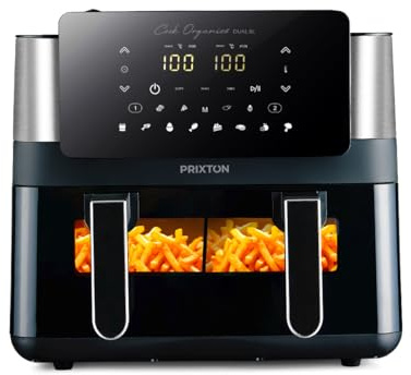 PRIXTON Freidora de aire sin aceite 8 litros con doble compartimento Cook Organics Dual, Ventana transparente, Iluminación interior, Pantalla táctil, Pared Divisoria