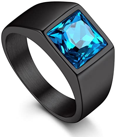 Bandmax Schwarz Ring Siegelring Ringe für Herren Edelstahl Ring Blauer Stein 8MM breit Solitär Ring Bandring Größe 64mm Modeschmuck Accessoires